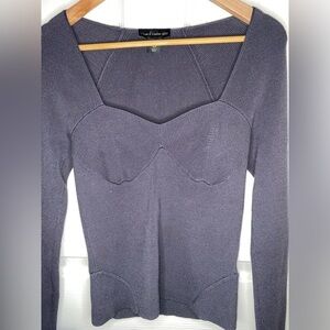 House of Harlow 1960 Dark Gray Sweetheart Ribbed Knit Long Sleeve Top – M